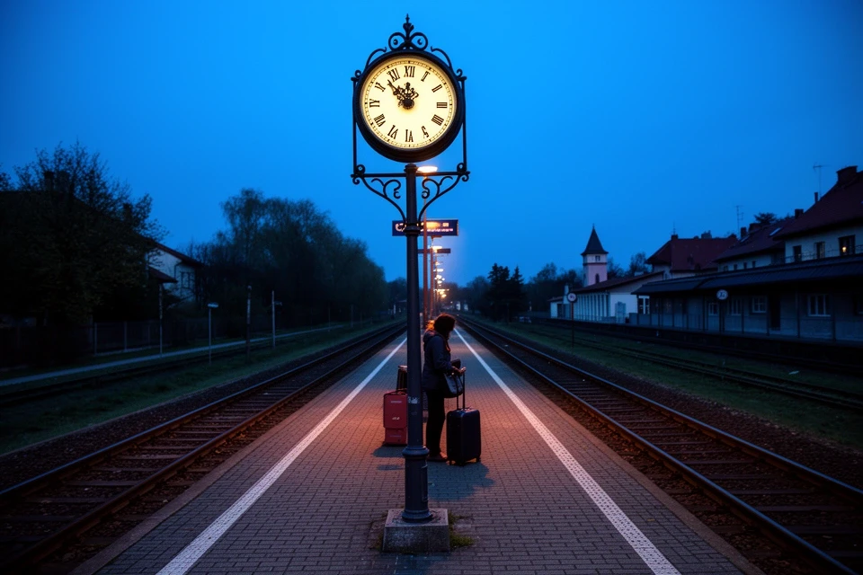 A small European train platform at dusk